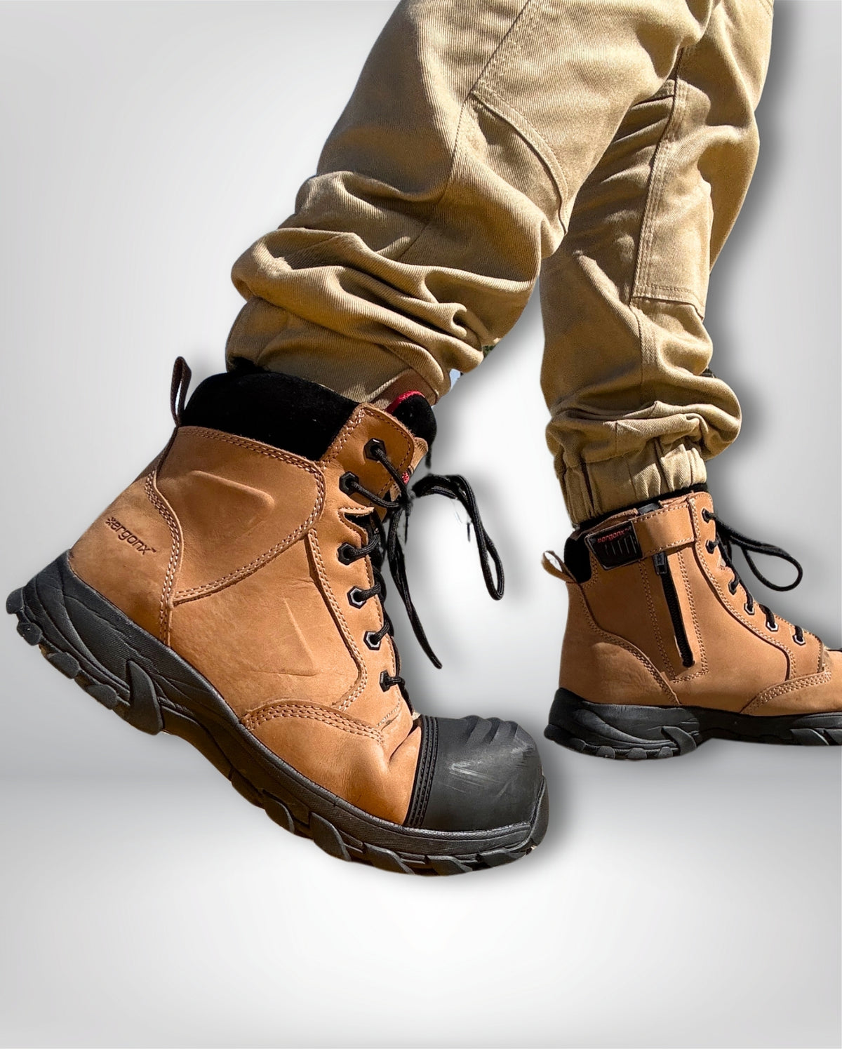 Ergonx Tan Lace Up Safety Boots + 6 Socks + 1L Bottle & Cap Bundle