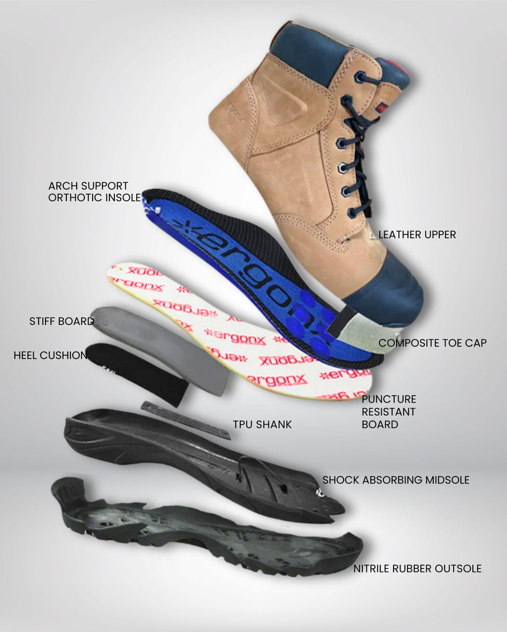 Ergonx Tan Lace Up Safety Boots + 6 Socks + 1L Bottle & Cap Bundle