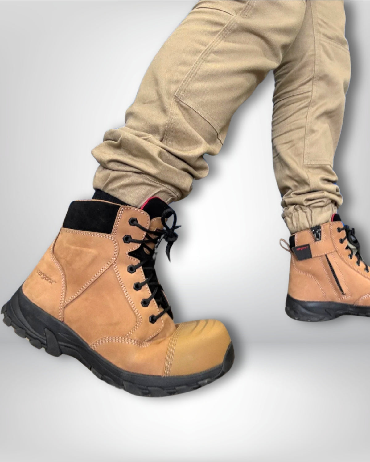 Ergonx Tan Toe Lace Up Safety Boots + 6 Socks + 1L Bottle & Cap Bundle