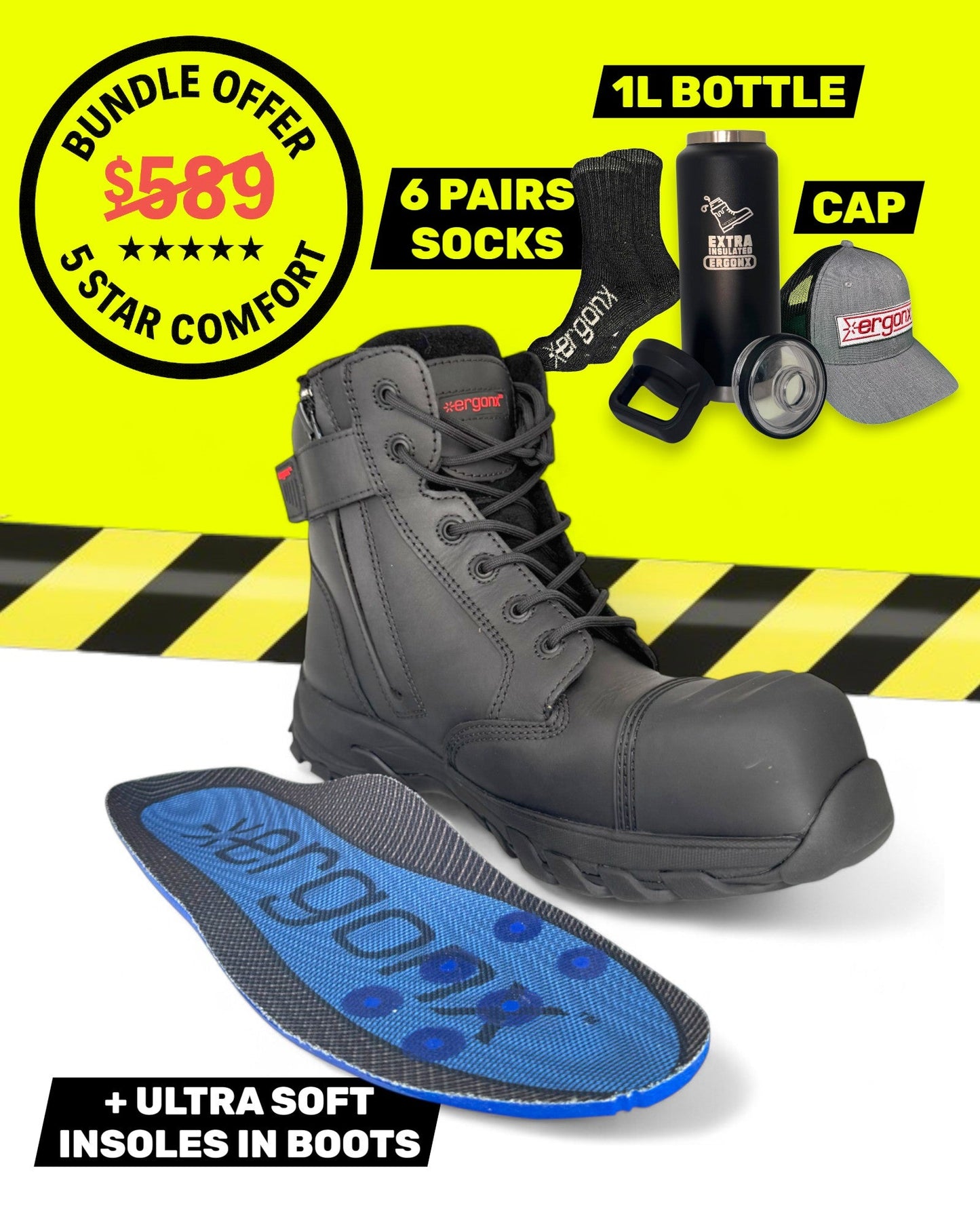 Ergonx Black Lace Up Safety Boots + 6 Socks + 1L Bottle & Cap Bundle