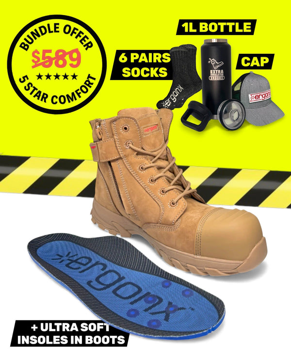 Ergonx All Tan Lace Up Safety Boots + 6 Socks + 1L Bottle & Cap Bundle